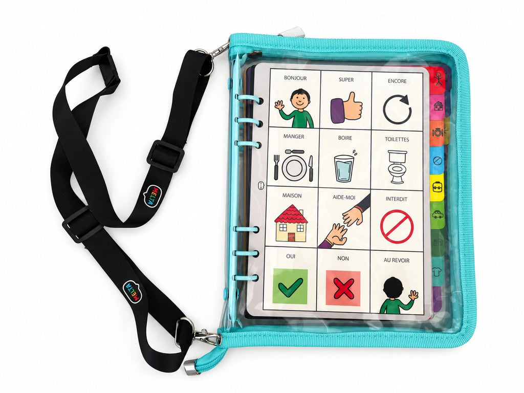 Classeur MELTA turquoise fermé, page d'accueil visible, avec sa bandoulière noire