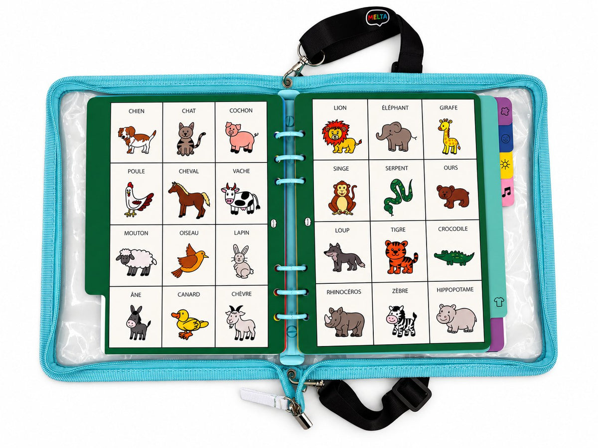 Classeur MELTA ouvert sur deux pages de pictogrammes d'animaux